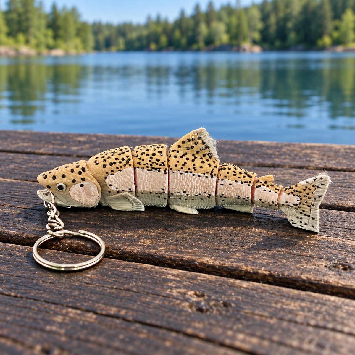 Rainbow Trout 3D-printed fish keychain by Prospect 3D on a lakeside dock