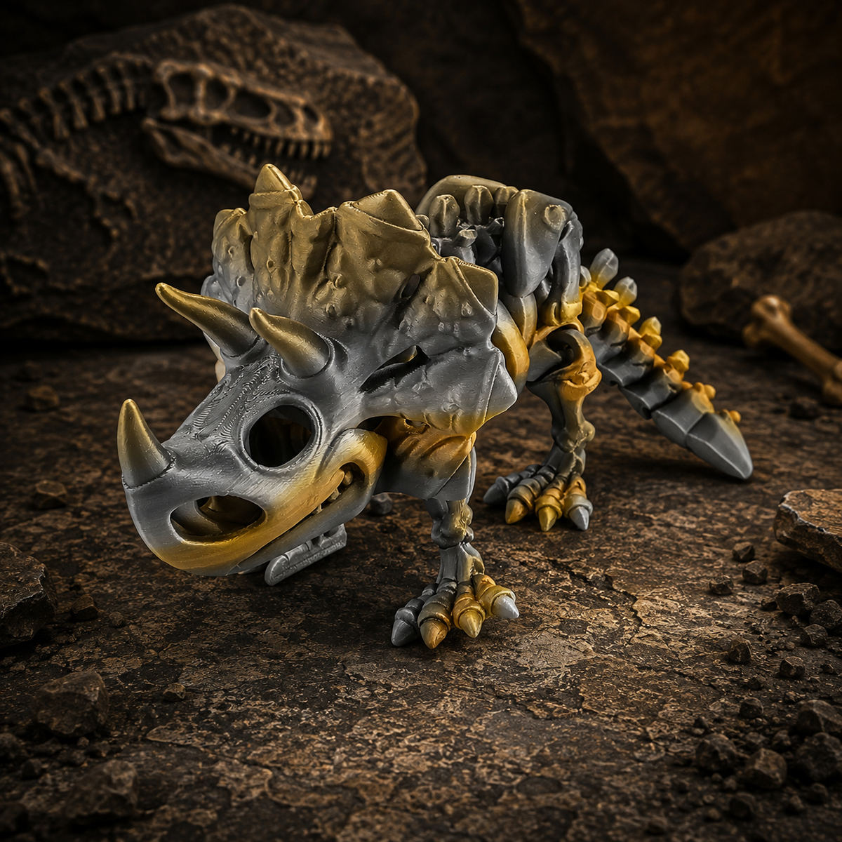 Prospect 3D - The Bone Yard - Large Cera 4 Inches Tall Dinosaur Skeleton with Detailed Bone Structure and Playful Grin for Dino Enthusiasts