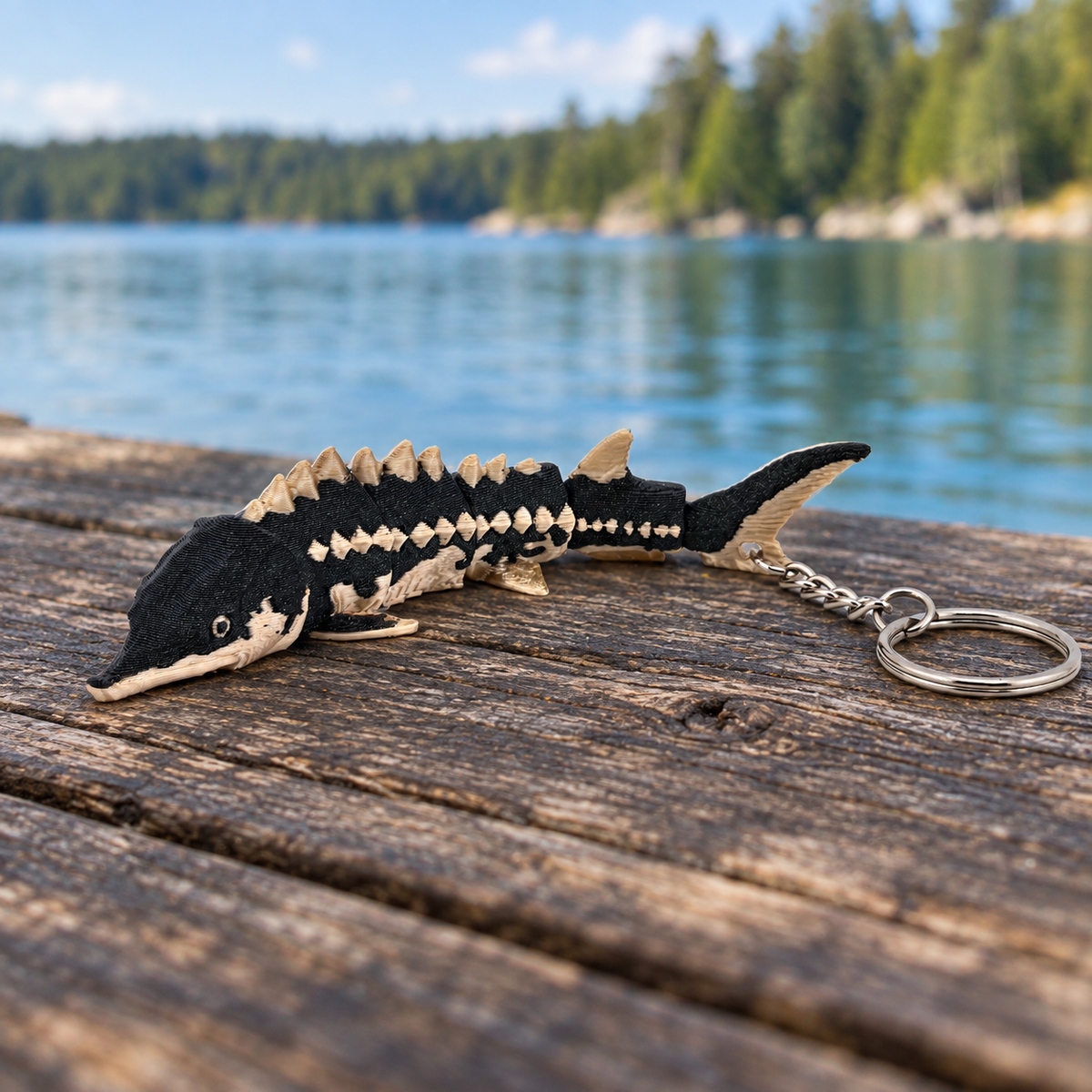 Sturgeon 3D-printed fish keychain by Prospect 3D on a lakeside dock