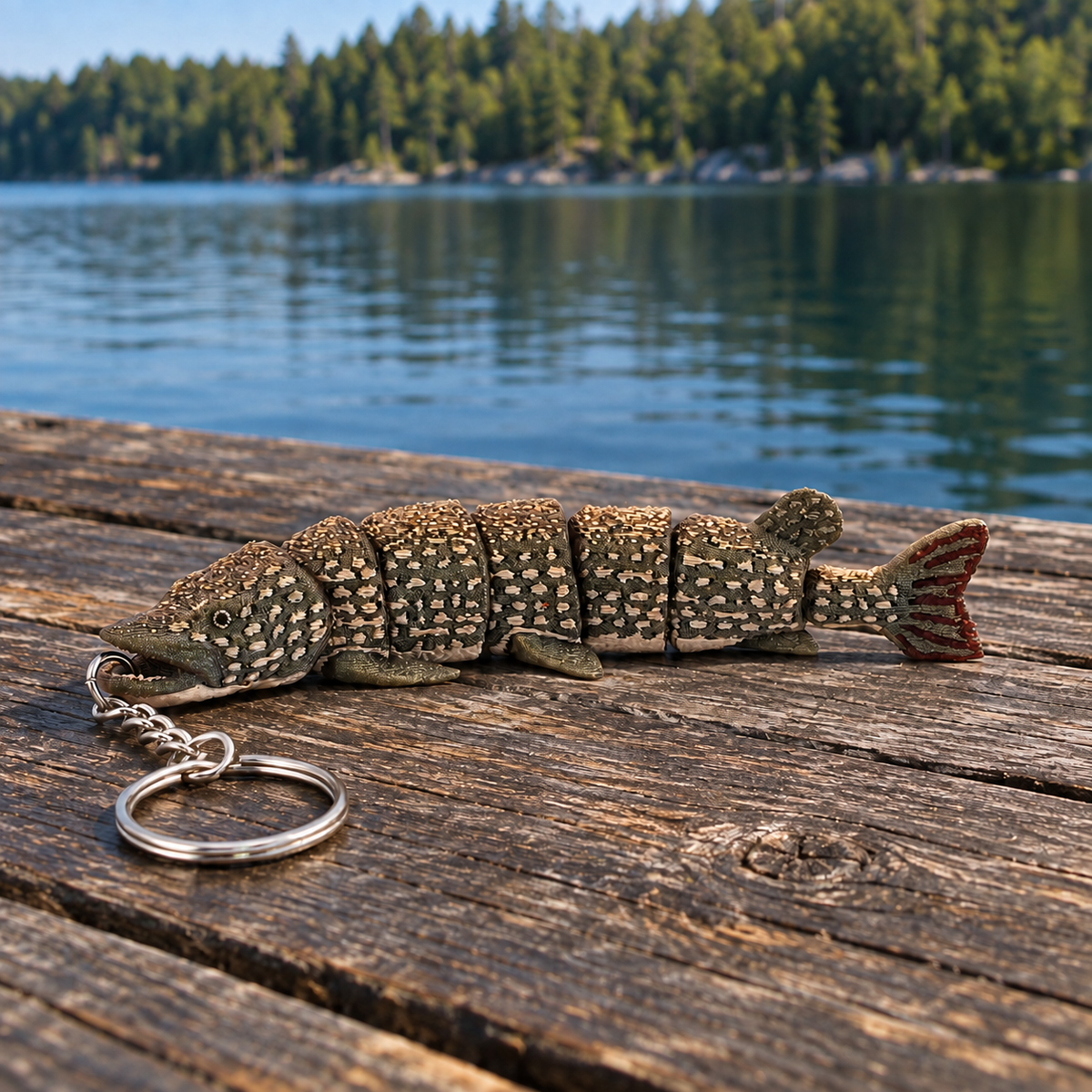 Northern Pike 3D-printed fish keychain by Prospect 3D on a lakeside dock
