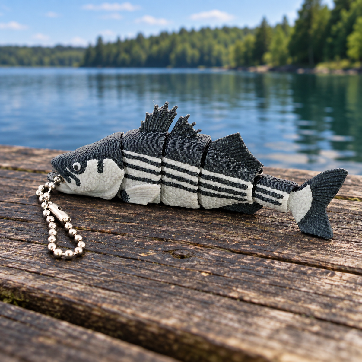 Striped Bass 3D-printed fish keychain by Prospect 3D on a lakeside dock