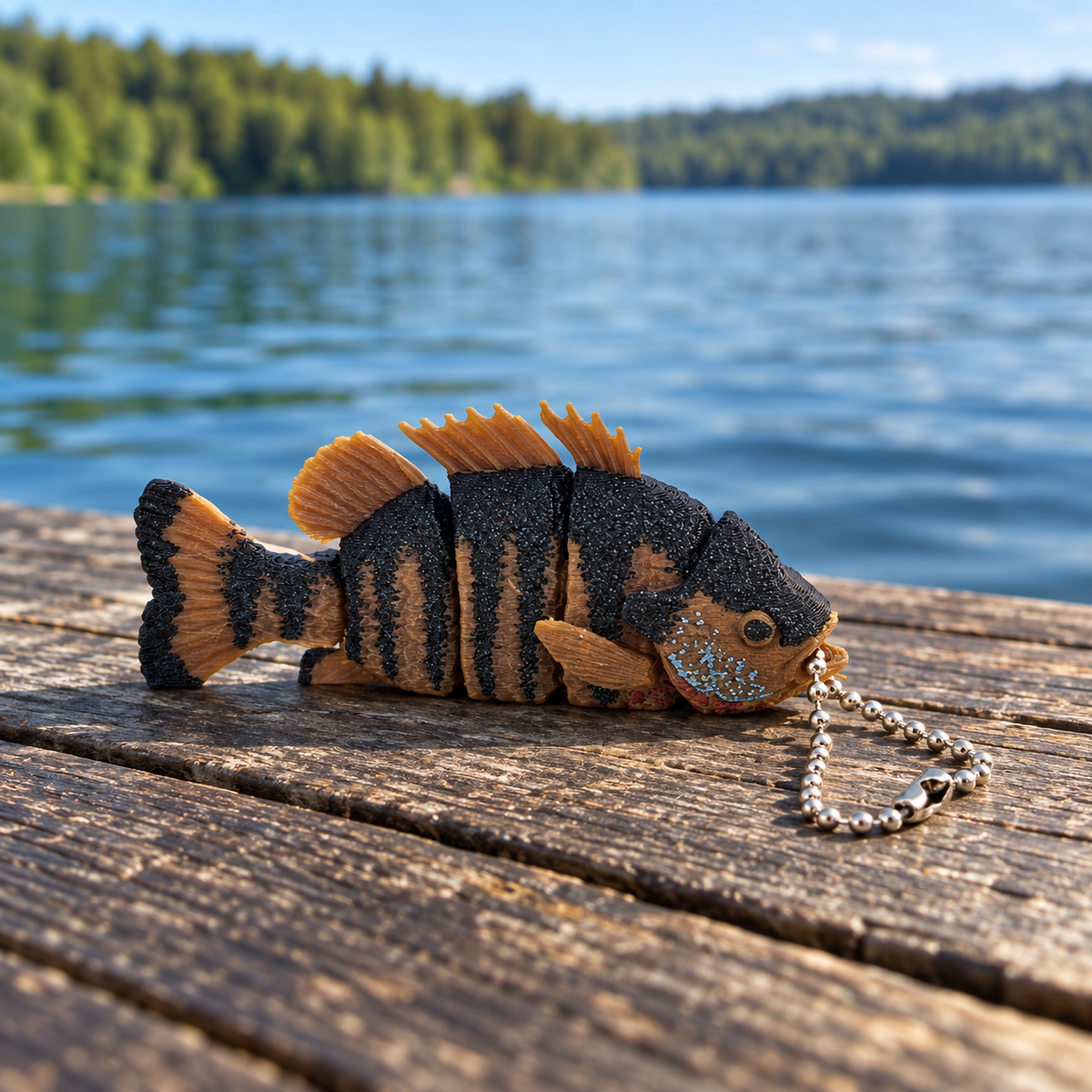 Bluegill 3D-printed fish keychain by Prospect 3D on a lakeside dock