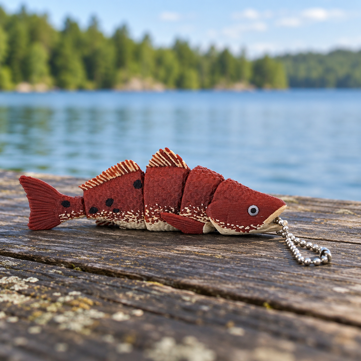 Red Drum 3D-printed fish keychain by Prospect 3D on a lakeside dock