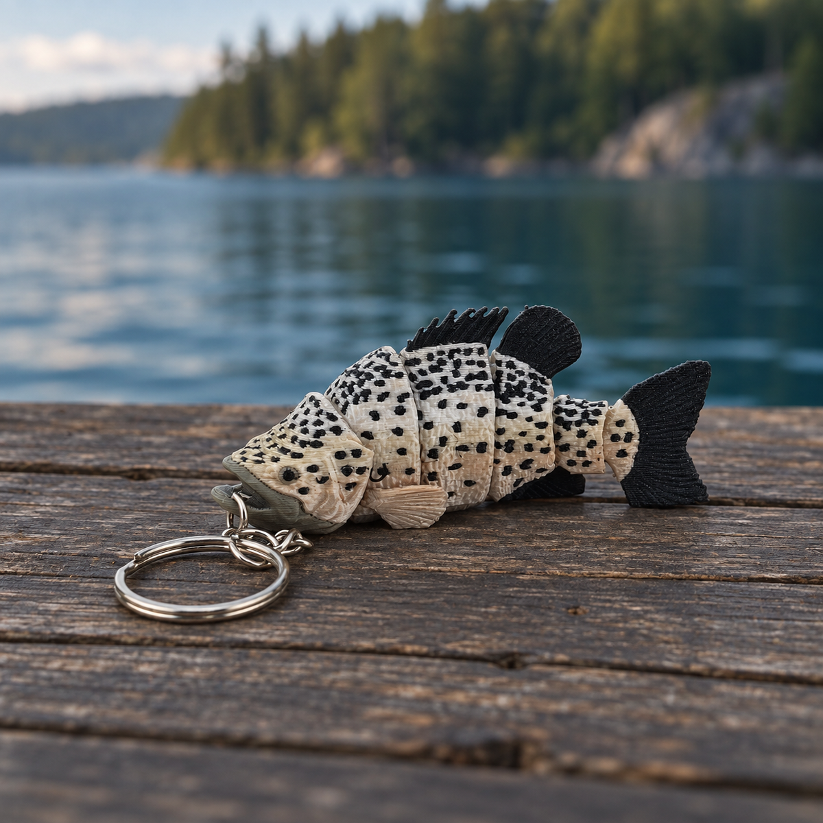 Crappie 3D-printed fish keychain by Prospect 3D on a lakeside dock