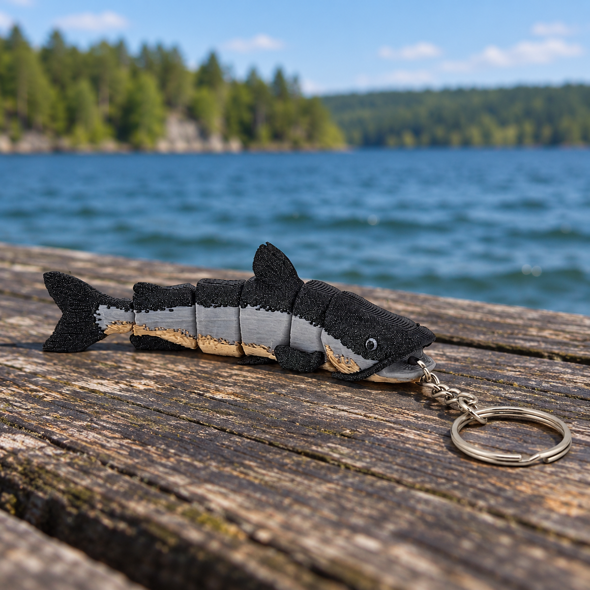 Catfish 3D-printed fish keychain by Prospect 3D on a lakeside dock