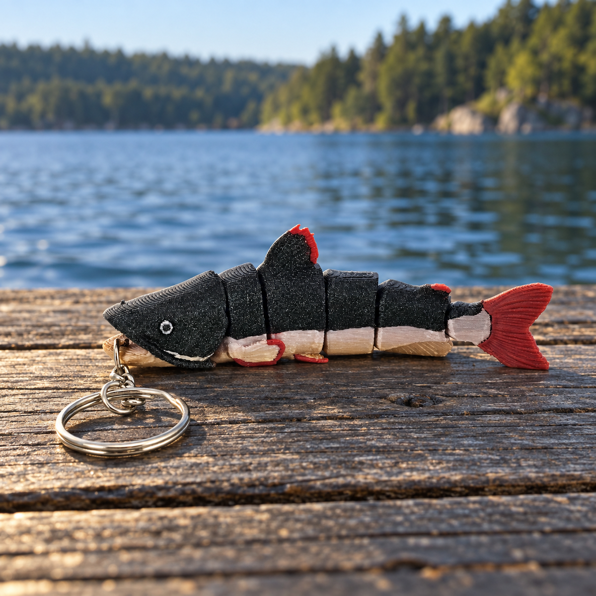 Red Tail Catfish 3D-printed fish keychain by Prospect 3D on a lakeside dock