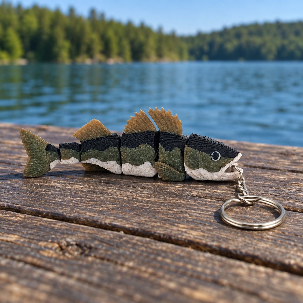 Walleye 3D-printed fish keychain by Prospect 3D on a lakeside dock